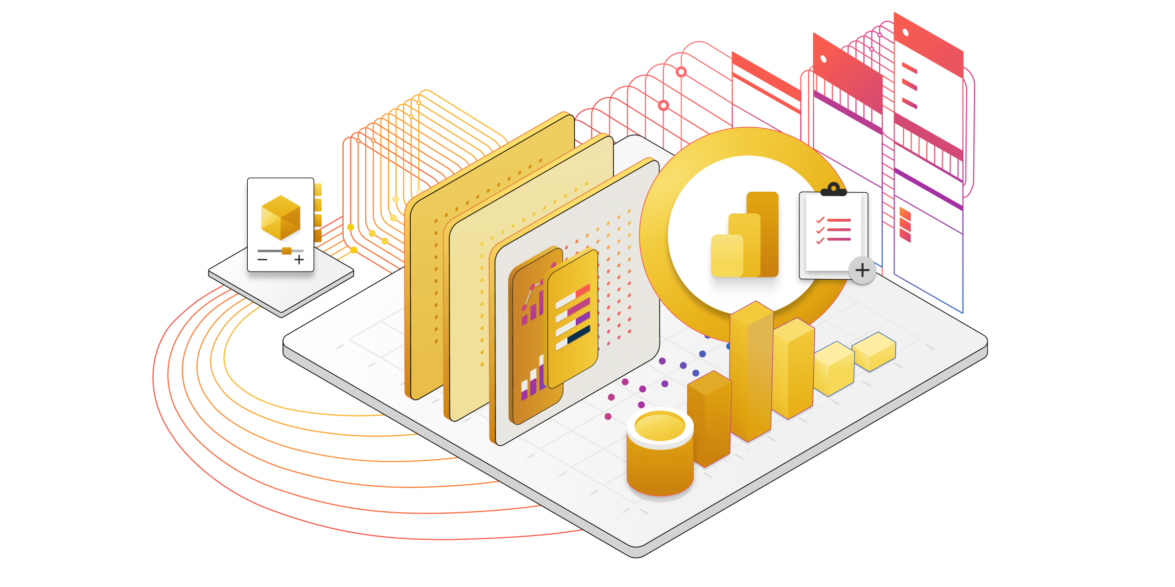 Power BI サービスの技術要素のアイソメトリック図。